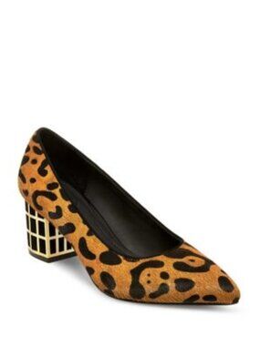 Brian Atwood Karina Leopard Calf Hair Gold Cage Block Heels